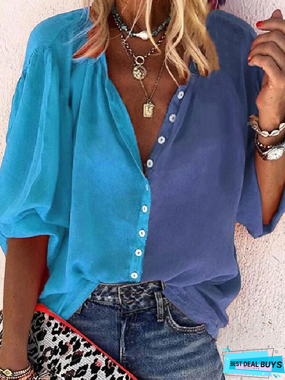 Color-block Casual Half Sleeve Blouse