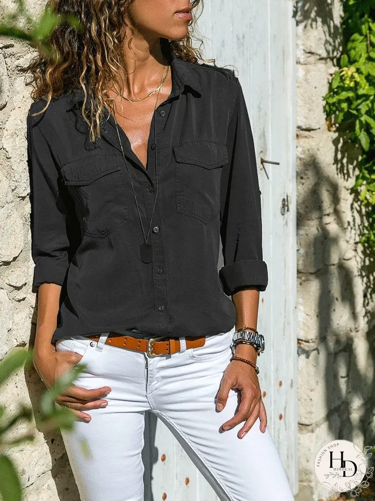 Blouses Lapel Button Pocket Long Sleeve Blouse for Women