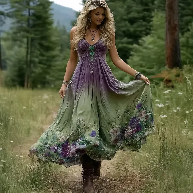 Retro Boho Floral Embroidered Flowy Linen Maxi Caimi Dress