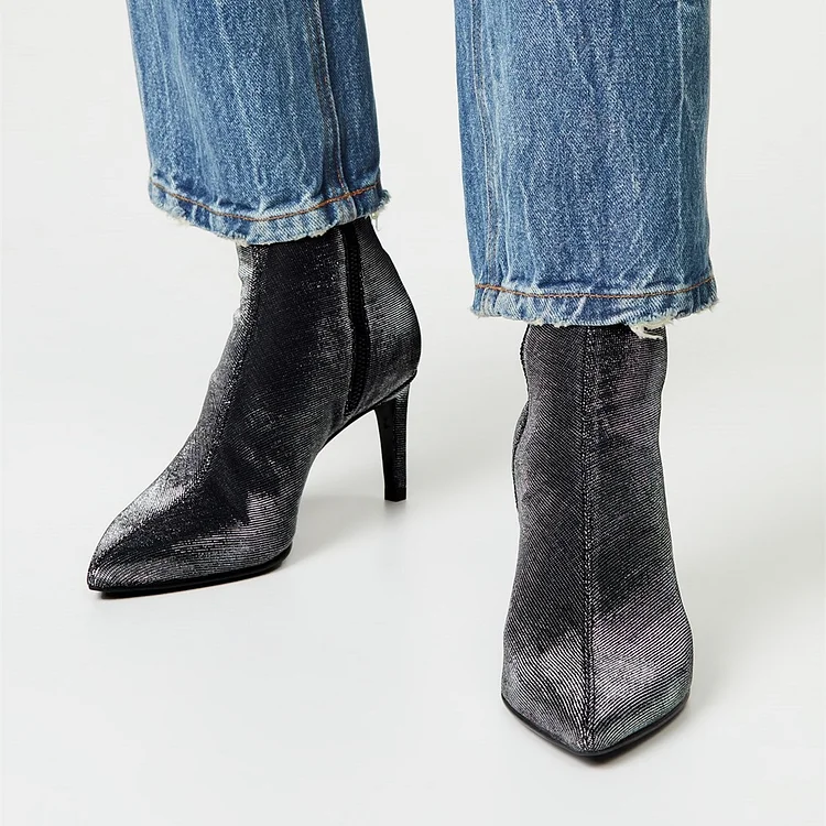 Black Sparkly Pointy Kitten Heels Ankle Boots |FSJ Shoes