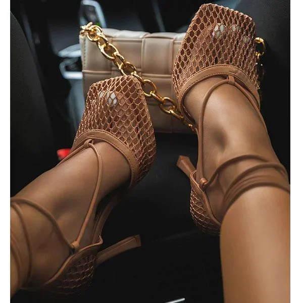 Women's Fishnet Squared Toe Lace Up Heels