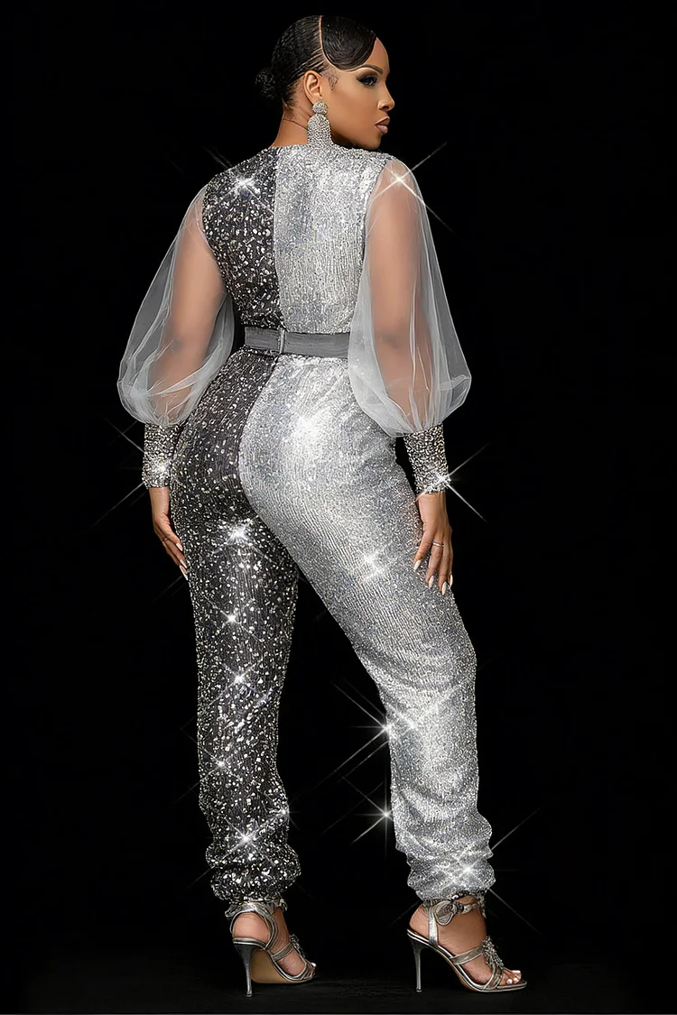 Xpluswear Design Plus Size Party Tulle Silver Colorblock Wrap Neck Lantern Sleeve Long Sleeve See Through Contrast Sequin Jumpsuits [Pre-Order]