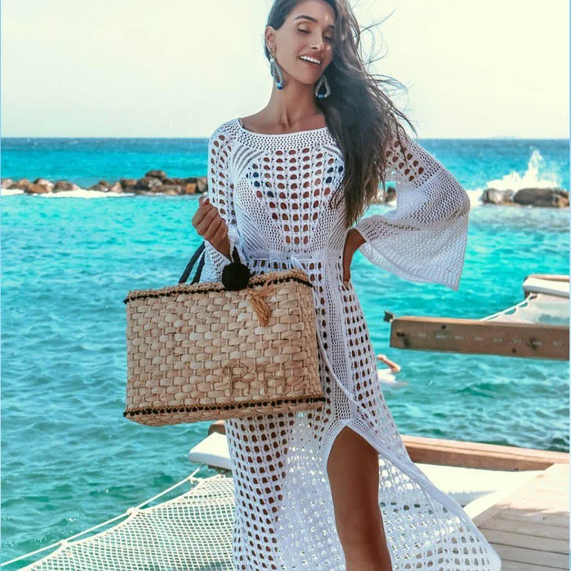 2021 Crochet White Knitted Beach Cover up dress Tunic Long Pareos Bikinis Cover ups Swim Cover up Robe Plage Beachwear