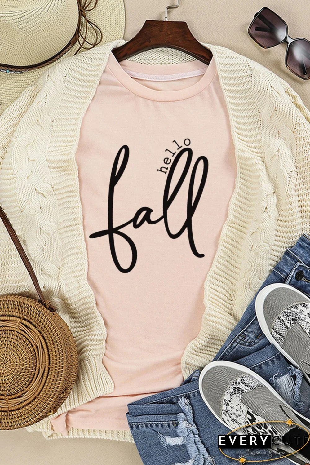 Pink Hello Fall Slogan Pattern Print Crew Neck T Shirt