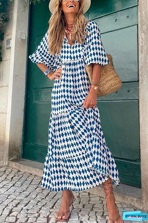 Meridress Puff Sleeve Geometry Printed Swing Dress
