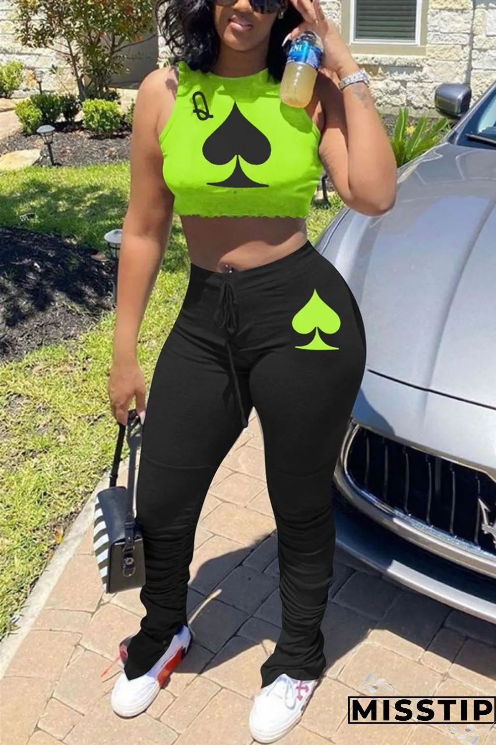 Pink Elastic Fly Mid Print Boot Cut Pants Bottoms