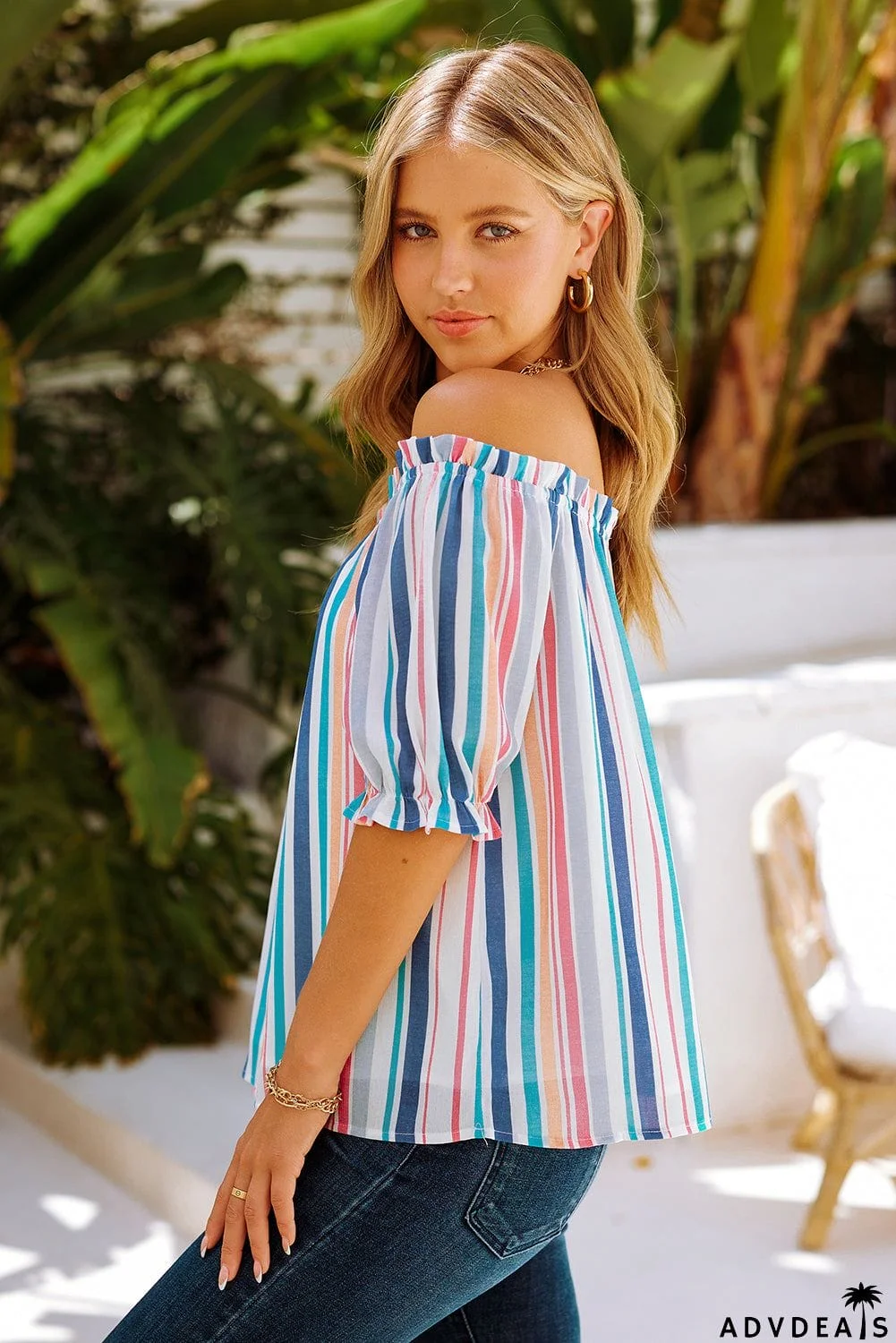 Stripe Off The Shoulder Rainbow Striped Top