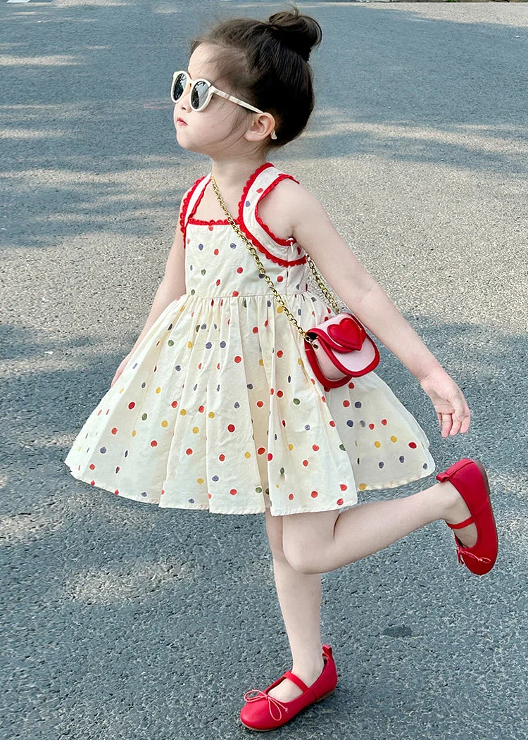 New Apricot Square Collar Dot Cotton Girls Mid Dresses Sleeveless
