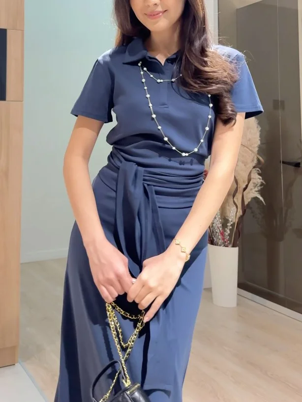 Solid Color Short Sleeve Tie Top & Skirt Set