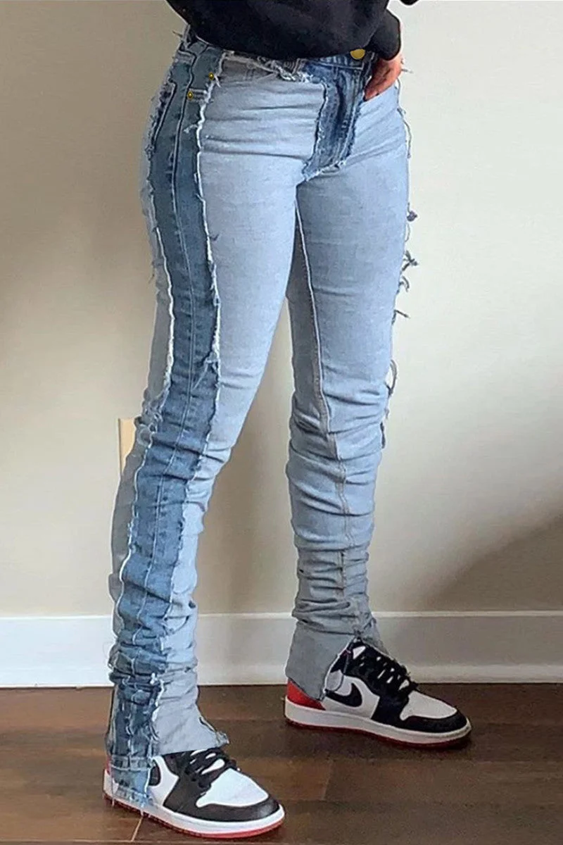 Fashion Casual Solid Split Joint High Waist Regular Denim Jeans