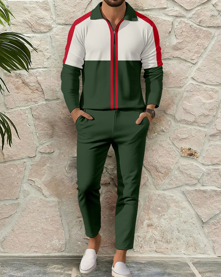 Men's Casual Colorblock Personalized Long Sleeve Polo Shirt Set 149