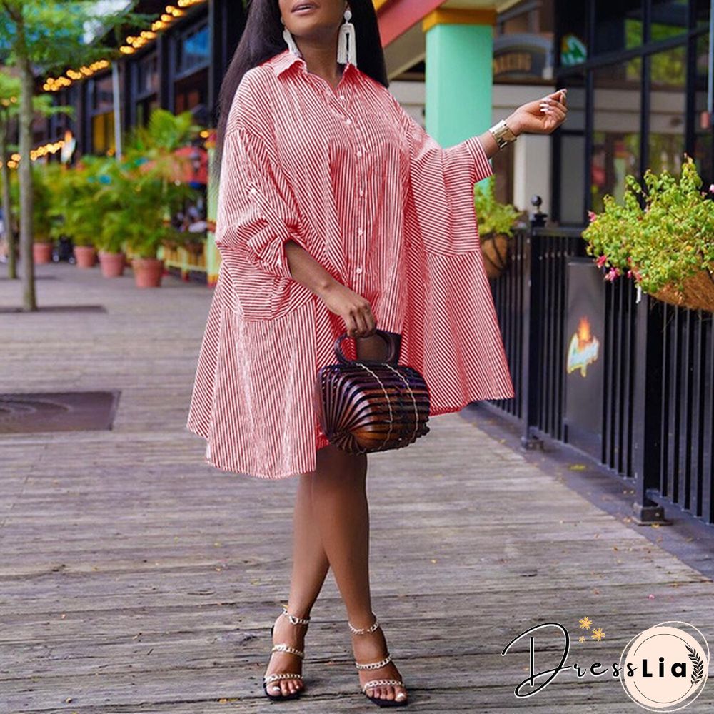 Women Fashion Pleated Ruffled Hem Baggy Irregular Hem Vestido S-5XL Batwing Sleeve Lapel Collar Striped Dresses