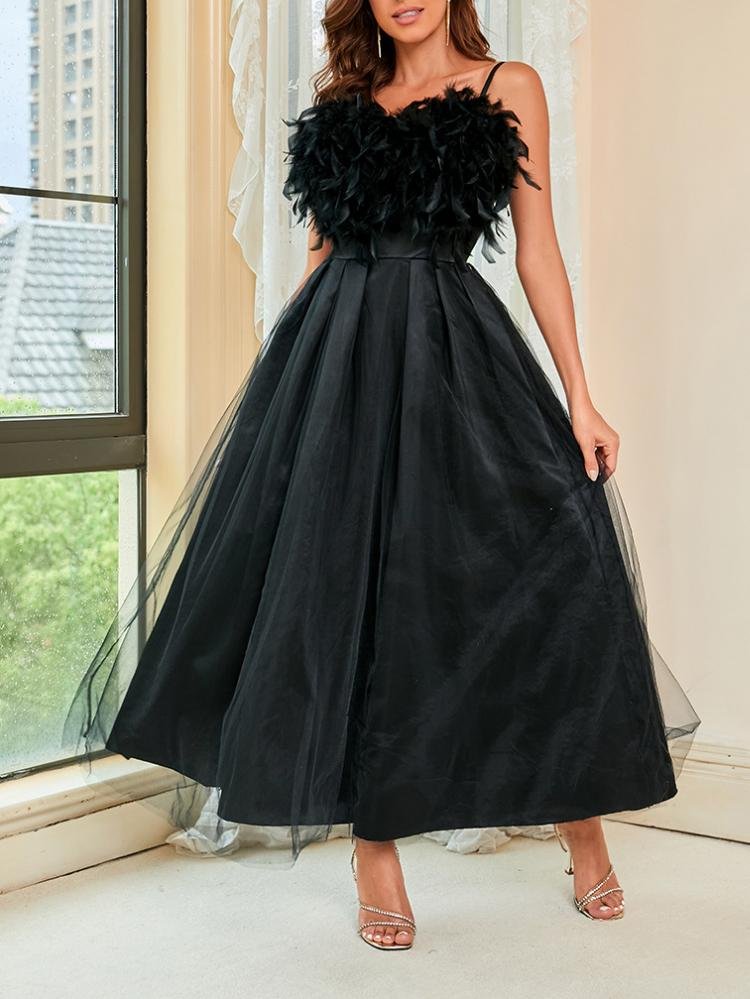 Promsstyle Promsstyle Fluffy feather high waist mesh maxi slip dress Prom Dress 2023