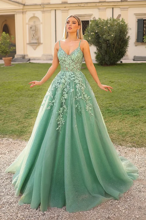 Daisda Sleeveless Spaghetti Straps V-Neck A-Line Prom Dress 