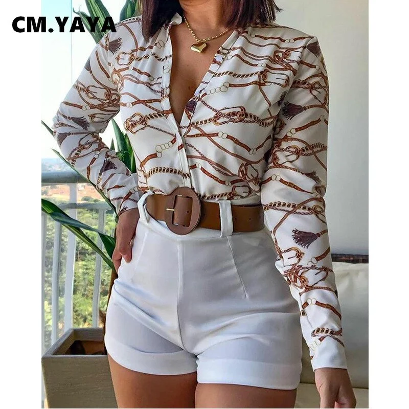 CM.YAYA Beach Holiday Women's Tracksuit Floral Leaf Long Sleeve Shirt and Shorts Matching Two 2 Piece Set Outftis Sweatsuit