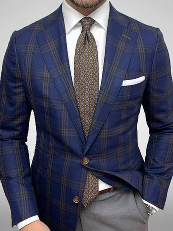 Men's Vintage Single-Breasted Plaid Gentleman's Business Suit Jacket 