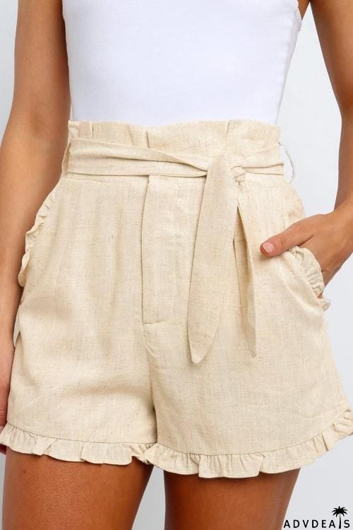 Beige Ruffled Trim High Waist Getaway Shorts