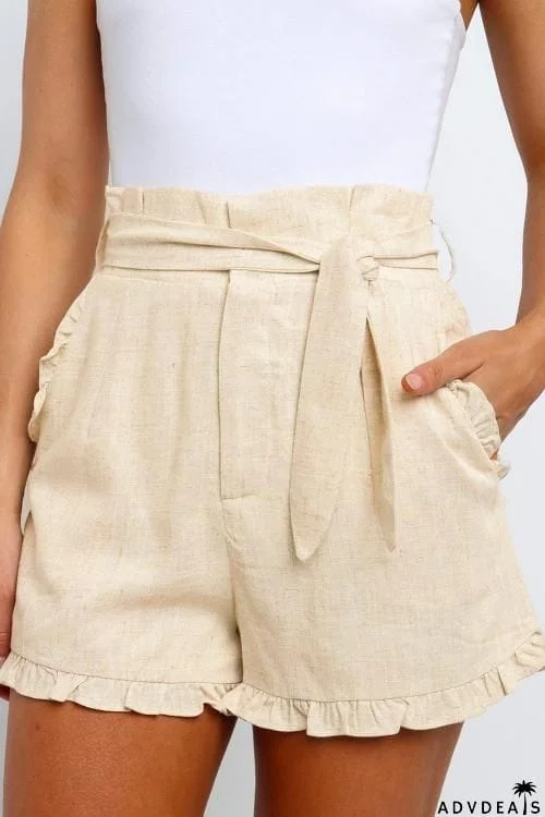 Beige Ruffled Trim High Waist Getaway Shorts