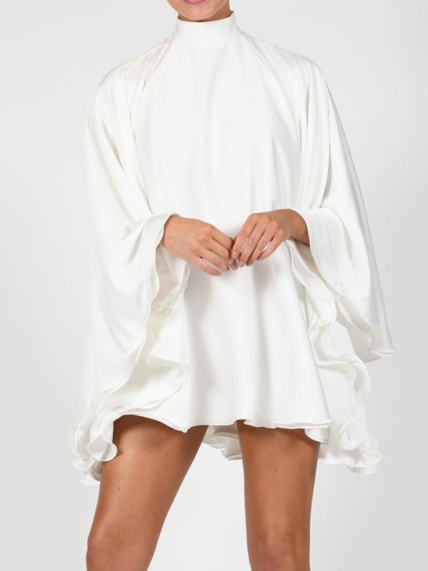 Long flared sleeve high neck ruched buckle solid mini dress