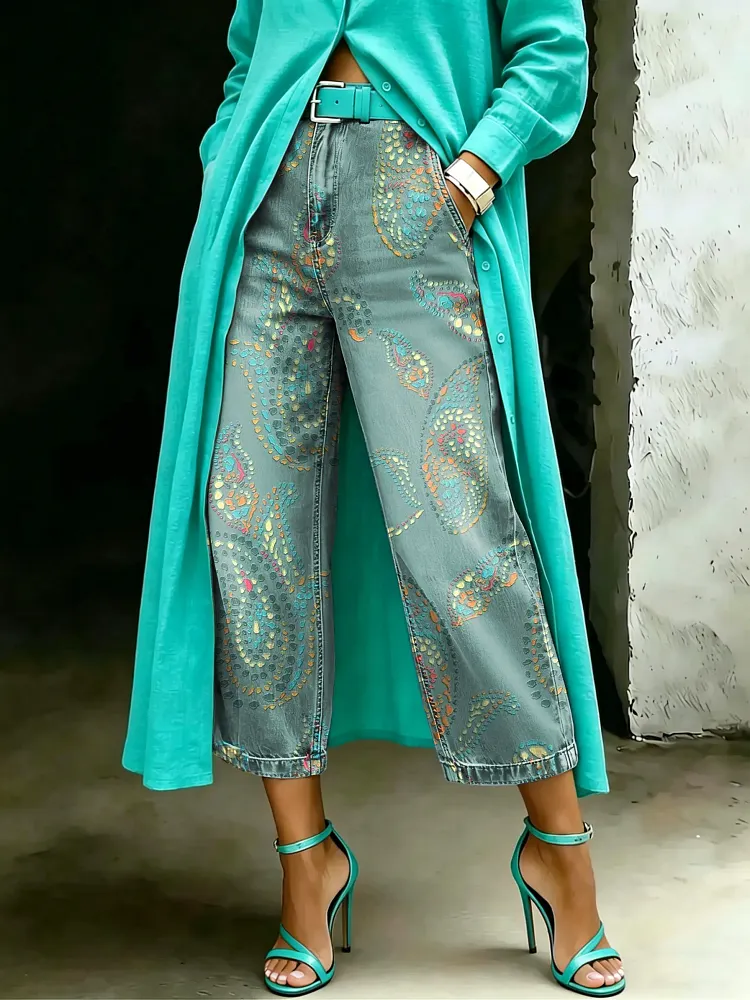 Women's Vintage Paisley Art Casual Wide Denim Pants