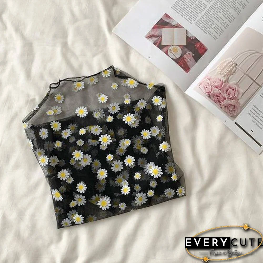 Summer Autumn Women Casual Mesh Pattern Daisy Flower Printed Blouse Tops Girls Mesh Shirts See Through Shirt For Female