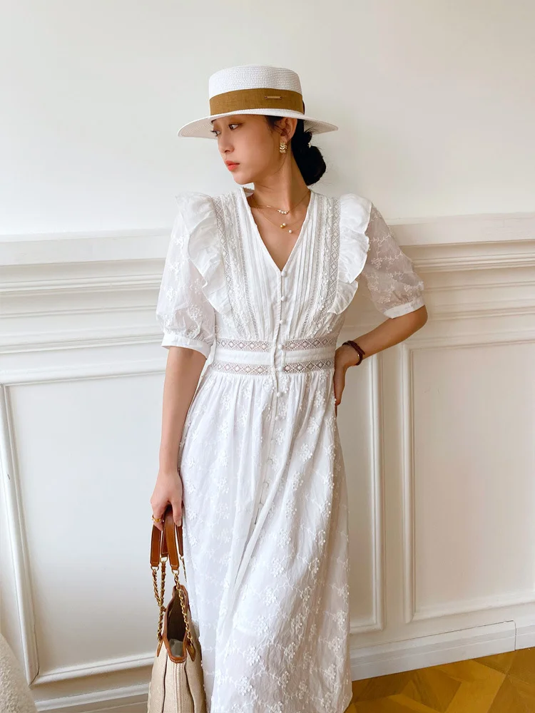 Mongw Mongw New White French Design Feeling Waist Women's Dress Mid-Long Dress Temperament V-Neck Dress Woman