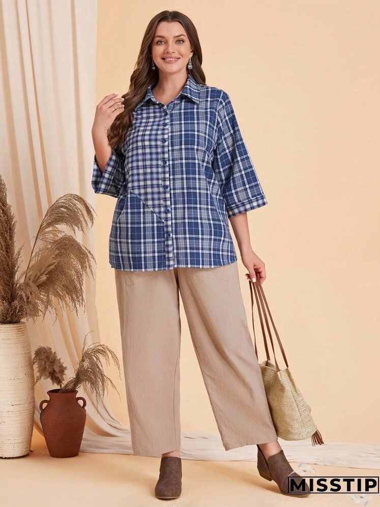 Plus Plaid Print Button Front Shirt