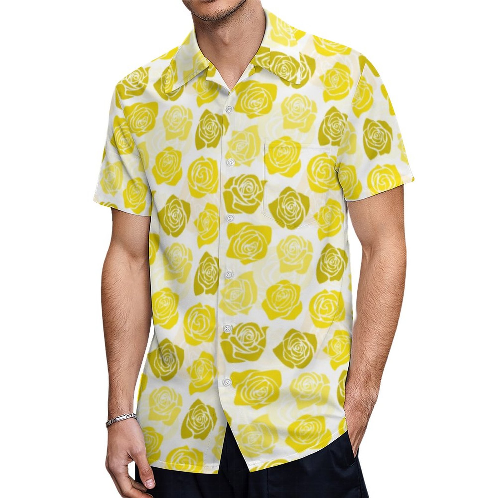 Vintage Yellow Roses Insulated Water Bottle Hawaiian Shirt Mens Button Down Tropical Hawaii Beach Shirts