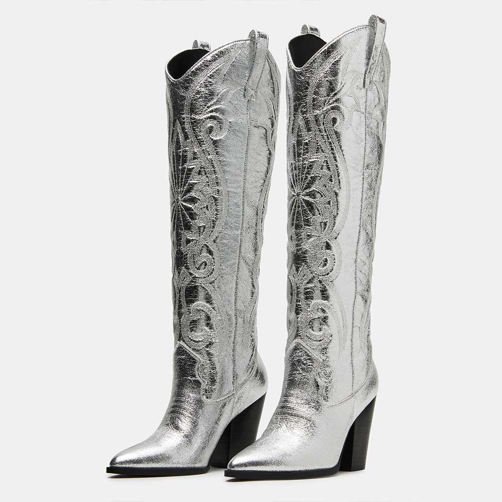 Metallic Finish Embroidered Heeled Knee High Cowgirl Boots in Silver