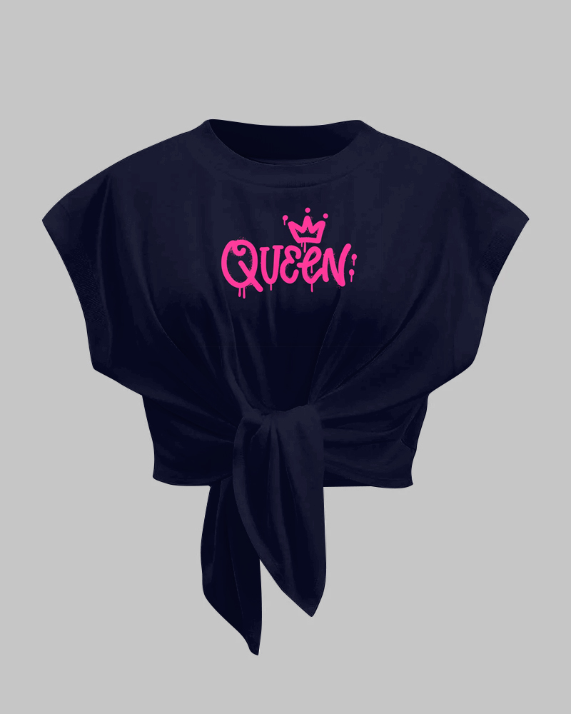 Women's Plus Size Pleated Lace-Up Blue Queen Letter Print Short-Sleeve Tee