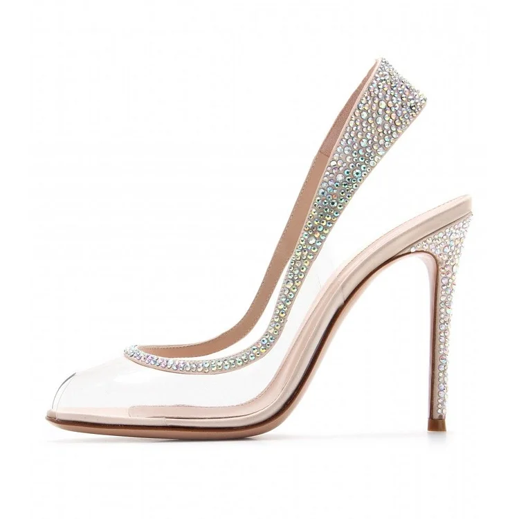 Nude Rhinestone Clear Slingback Heels Peep Toe Pumps |FSJ Shoes