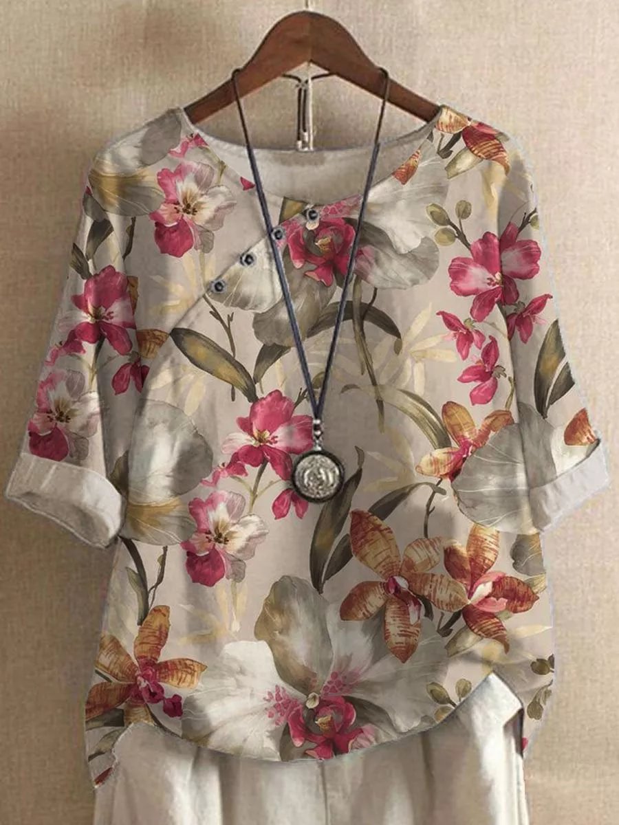 FLORAL PRINT LOOSE SHORT SLEEVE CREW NECK CASUAL BLOUSE