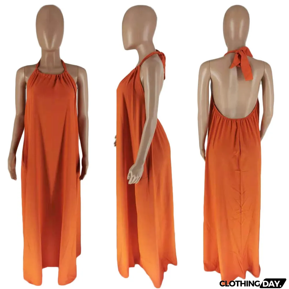 Summer Women's Sleeveless Halter Neck Sexy Low Back Solid Color Maxi Dress