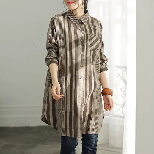 Handmade gray chocolate striped cotton clothes For Women plus size Shirts Button Down Knee shirt