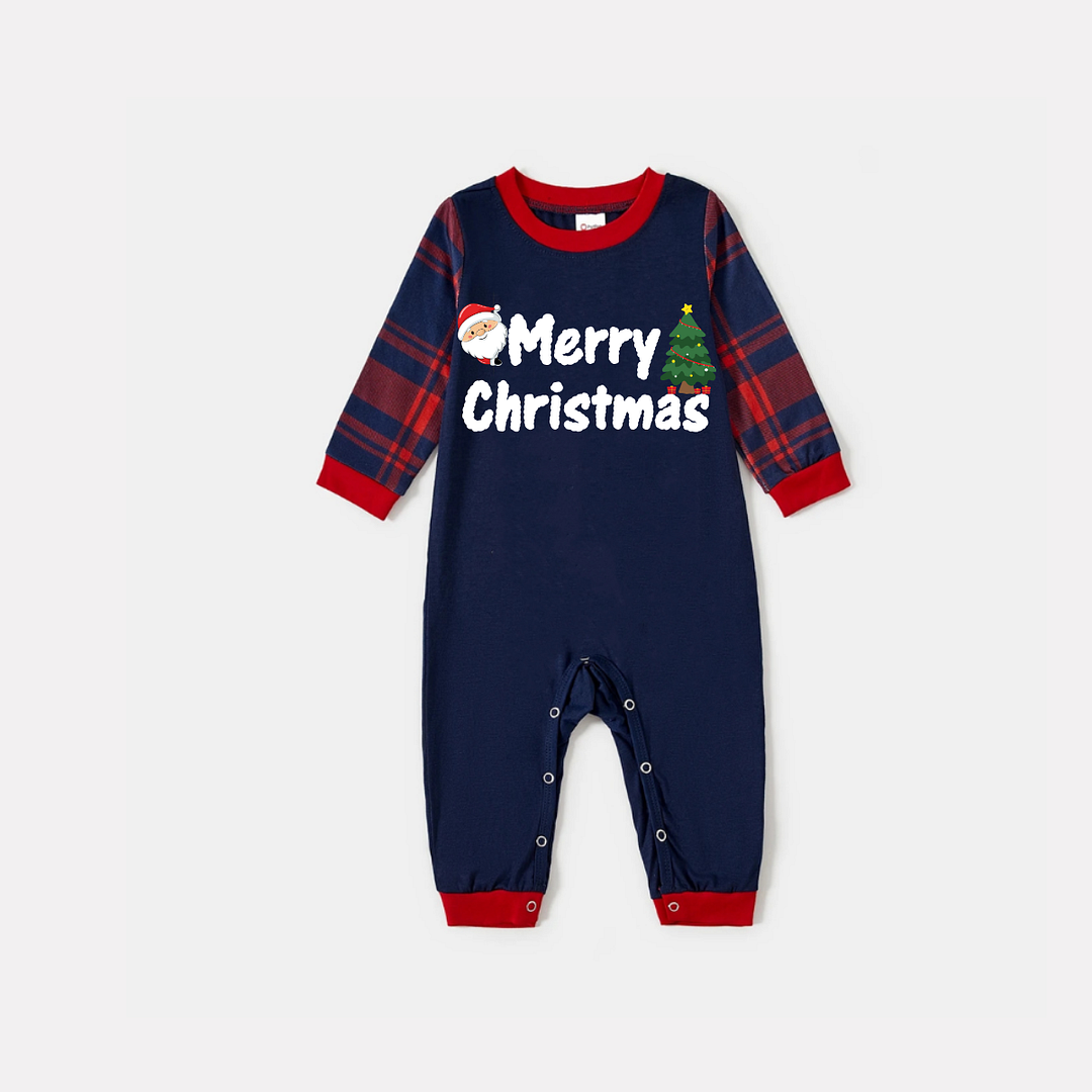 "Merry Christmas" Text and Santa Claus Prints Blue Long Sleeves Top with Red & Blue Plaid Pants Family Matching Pajamas