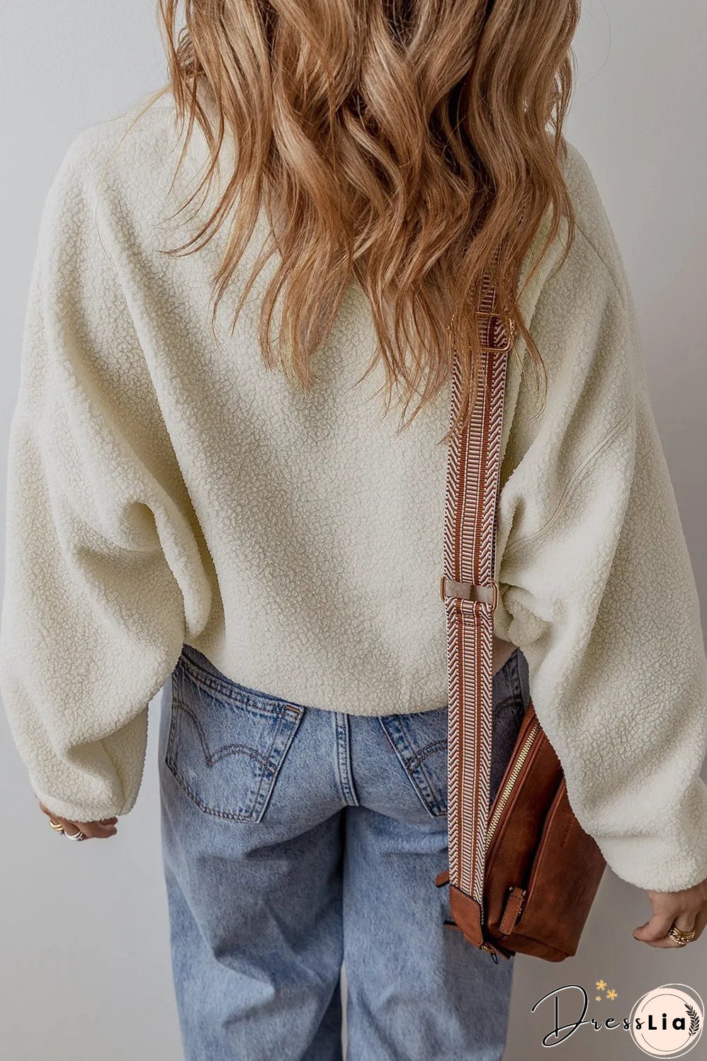 White Fleece Placket Turn-down Collar Drop Shoulder Sweatshirt