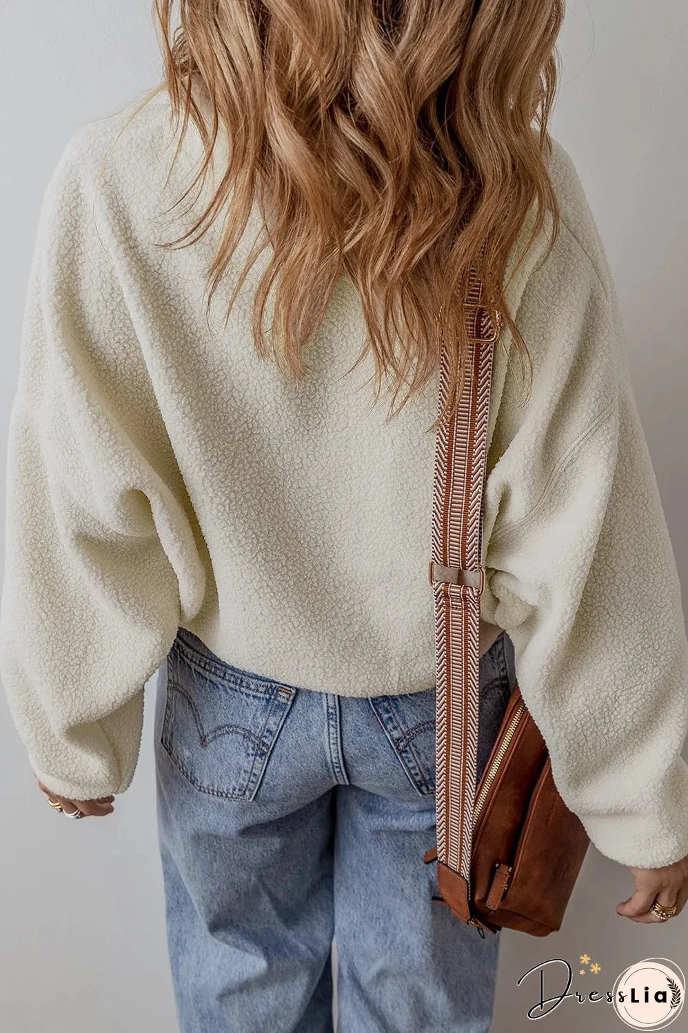 White Fleece Placket Turn-down Collar Drop Shoulder Sweatshirt