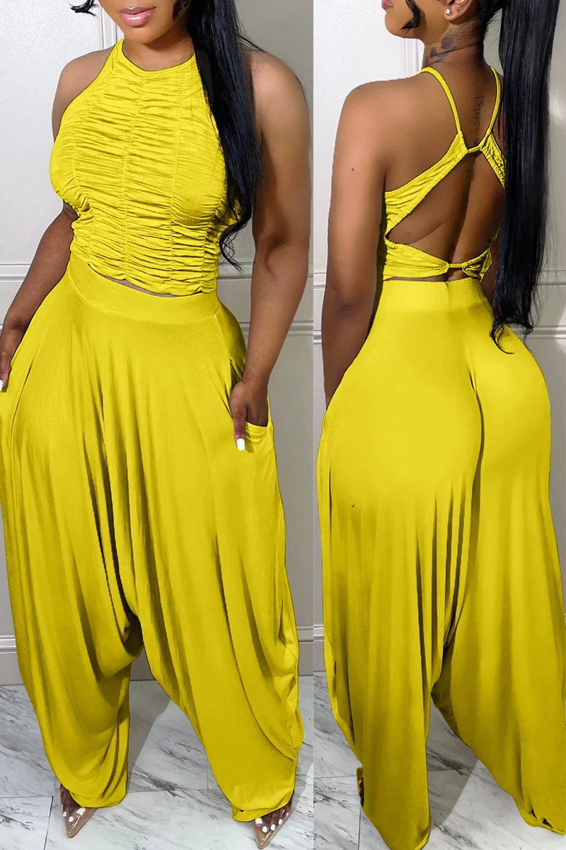 Yellow Casual Street Solid Patchwork Backless Fold O Neck Sleeveless Two Pieces