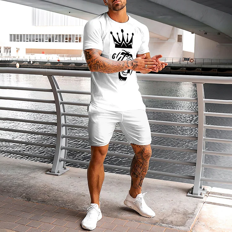 White Casual Fashion Print T-Shirt And Shorts Two-Piece Set
