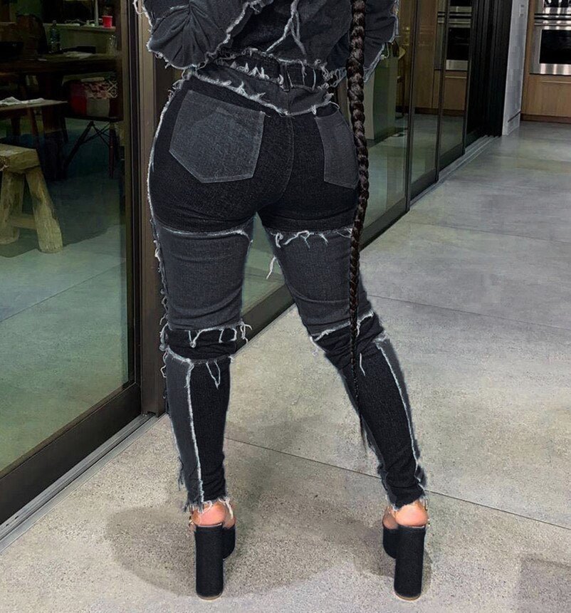 CM.YAYA Women Patchwork Denim Pants Retro Sexy Jeans Ripped Pencil Panelled Trousers Street Skinny High Waist Lady Jean Pants