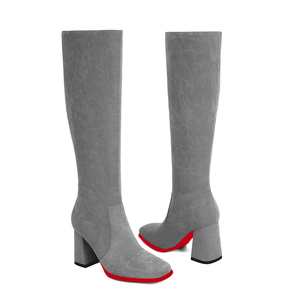 95mm Women's Knee Boots Red Bottom Block Chunky Heels Zipper Fashion Sexy Daily Matte Boot-MERUMOTE