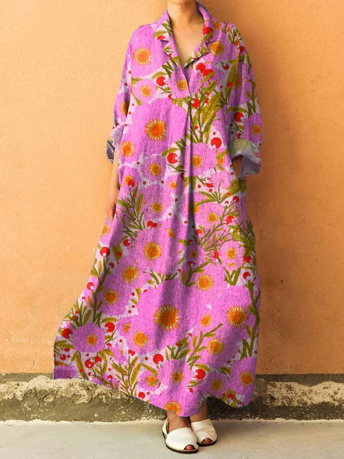 Women's Vintage Floral Art Print V-Neck Pocket Cotton Dress