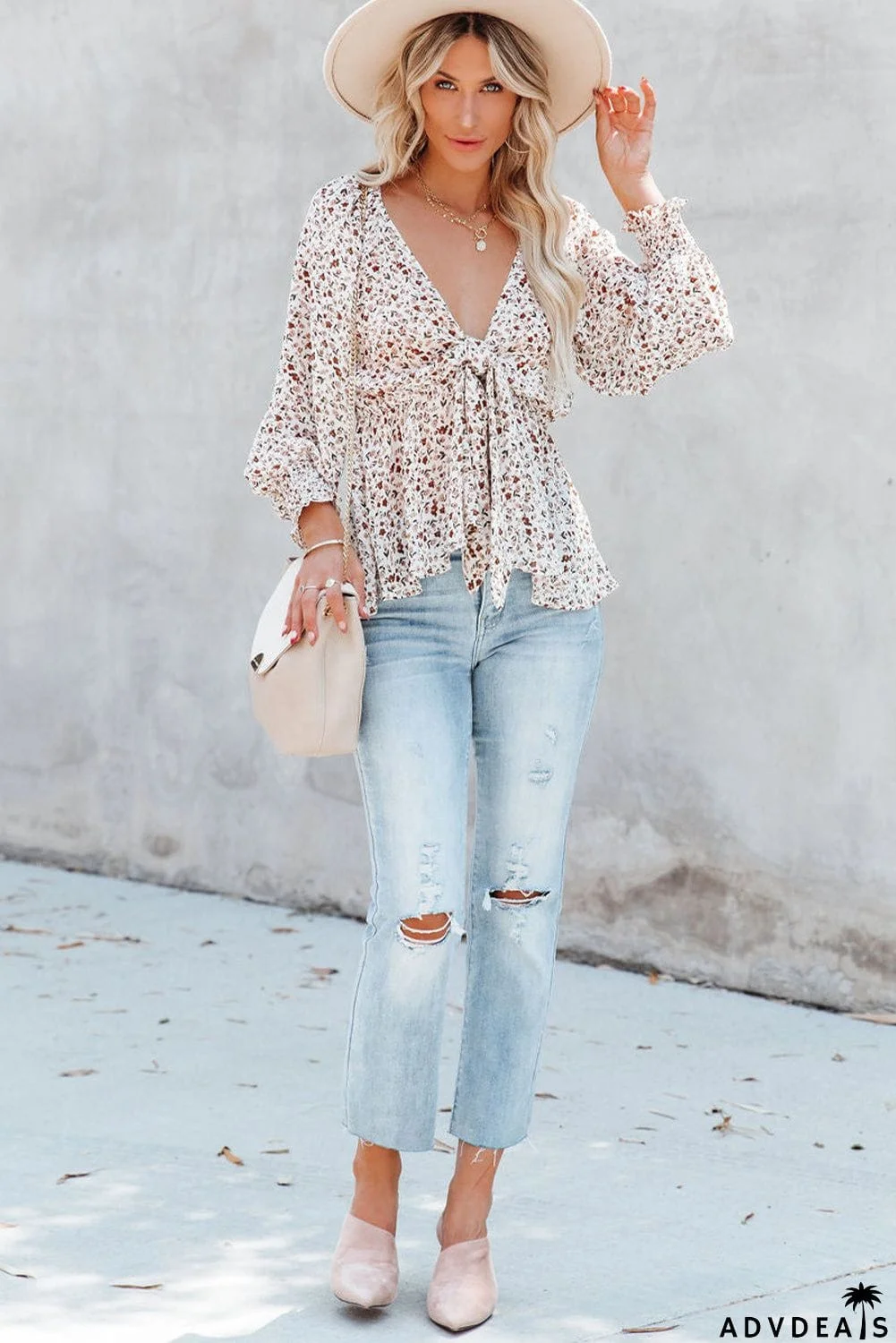 Floral Print Front Tie Ruffled Long Sleeve Blouse