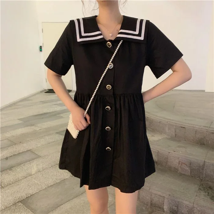 Sailor Collared Short-Sleeve A-Line Dress YP1633