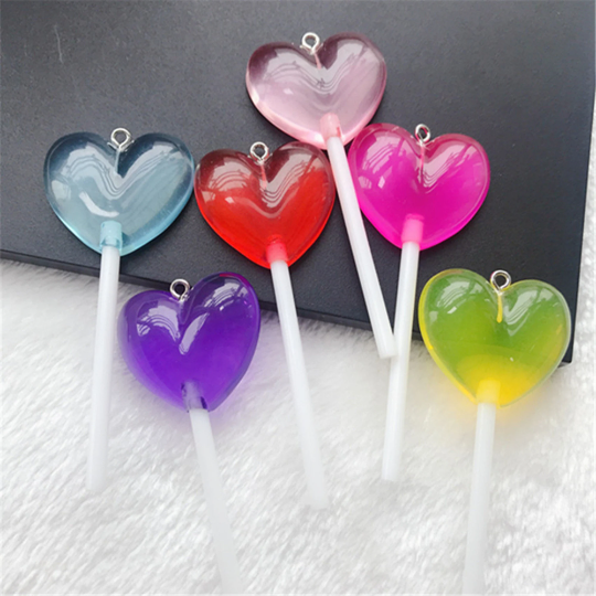 6 Color Translucent Heart Resin Lollipop Charms,Cute Heart Candy Lollipop Charm Pendant DIY decoration Earrings Necklace Key chain DIY
