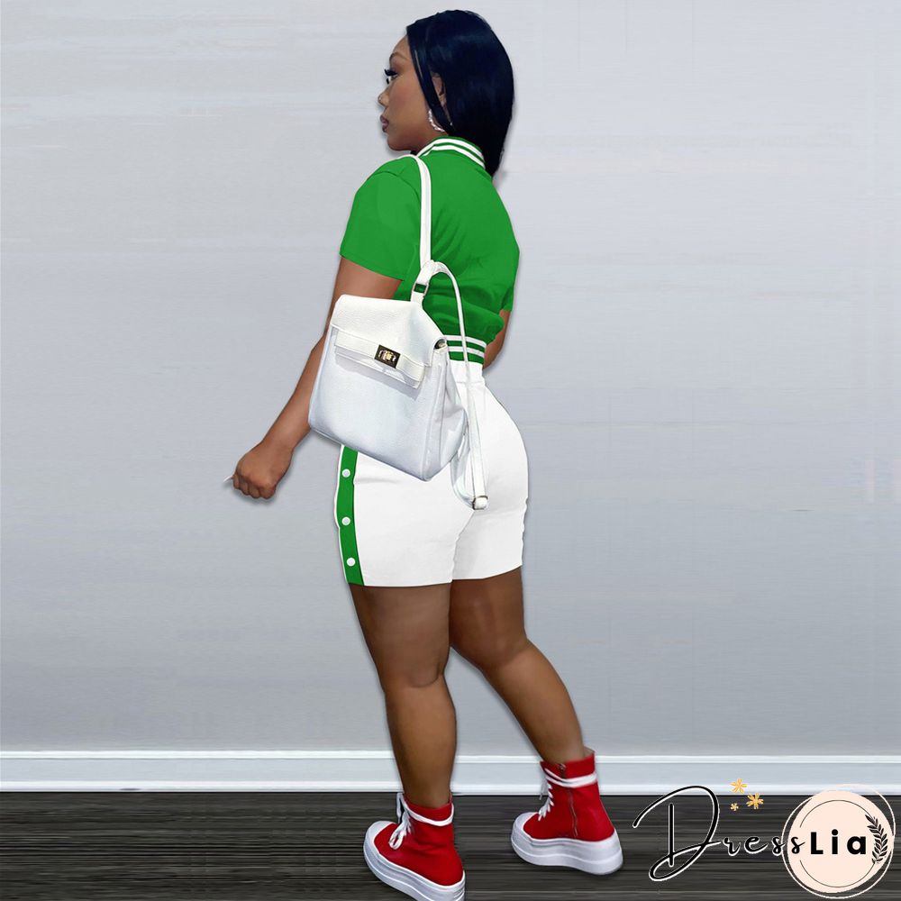 Short Sleeve Button Baseball Jacket and Shorts Set