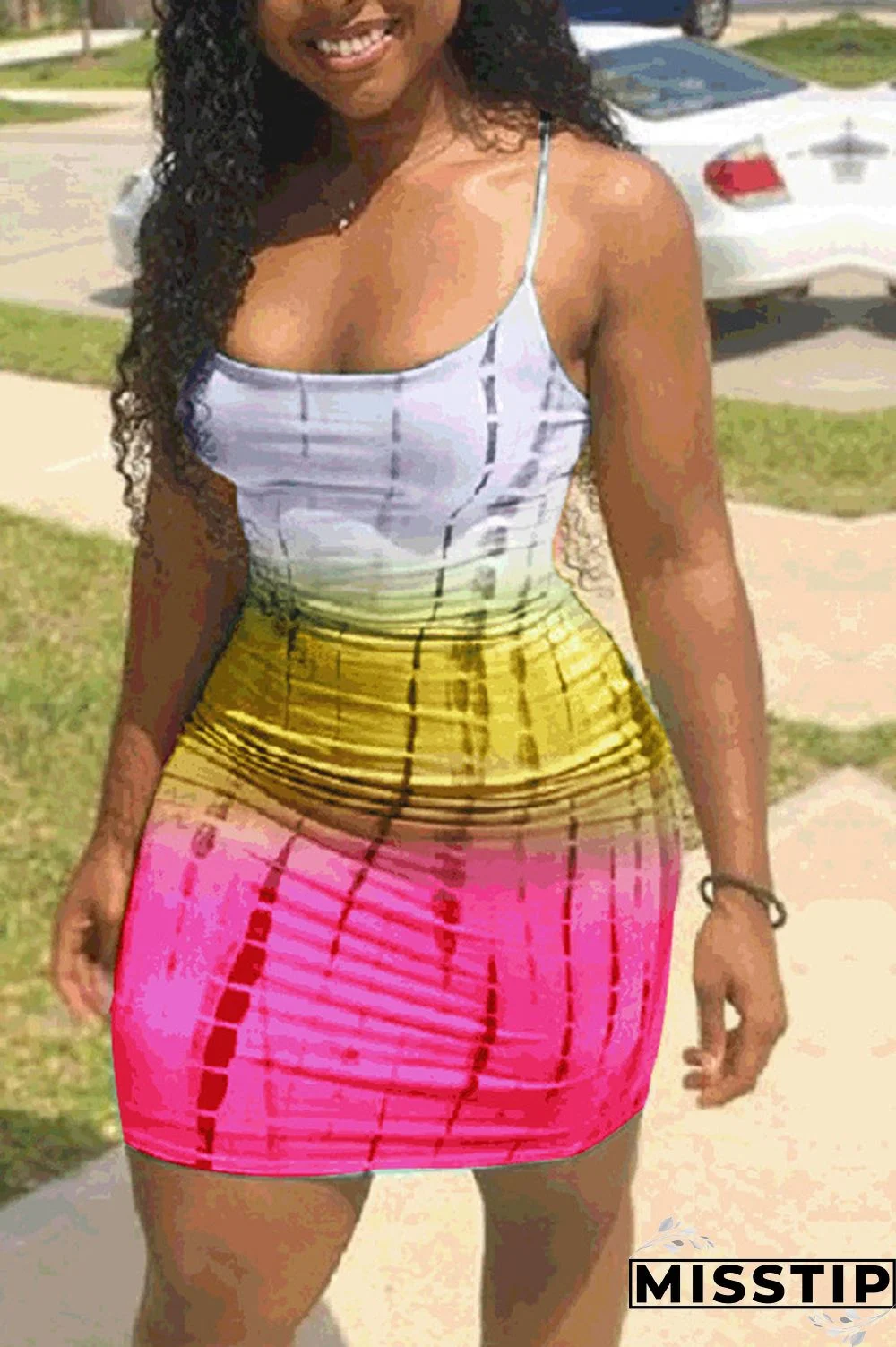 rose red Sexy Fashion Spaghetti Strap Sleeveless Slip Sheath Mini Geometric Rainbow