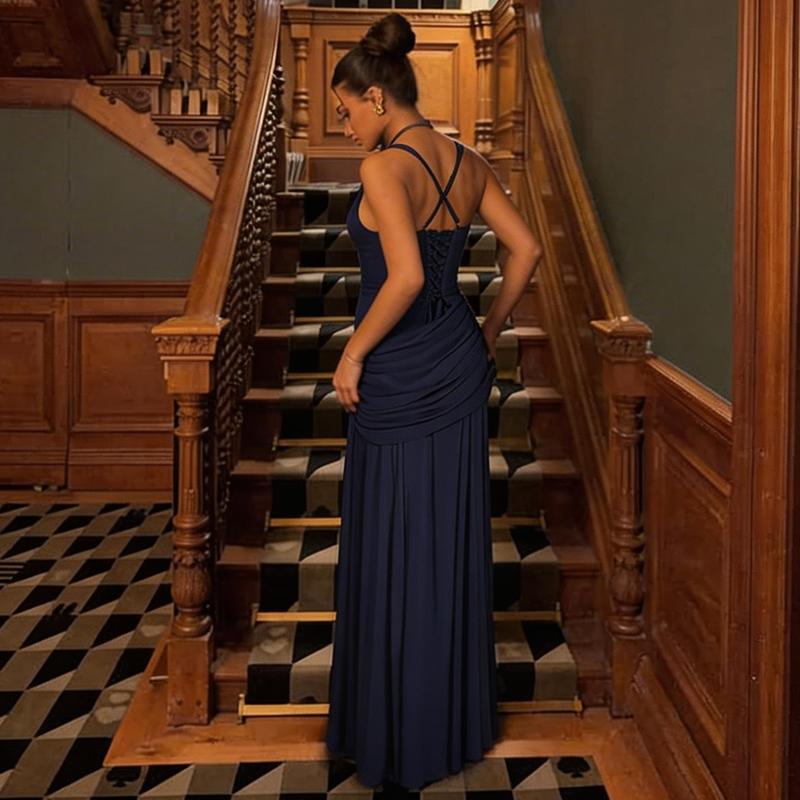 Women's Solid Color TIe-back Sleeveless Bodycon Slip Dress, Plain Criss Cross Straps Back Lace-up Ruched Slim Fit Maxi Dress, Party Club Date Evening Gown Holiday Daily Casual Elegant Long Dresses For Ladies All Seasons Summer Fashion Clothes Wear Women's Solid Color TIe-back Sleeveless Bodycon Slip Dress, Plain Criss Cross Straps Back Lace-up Ruched Slim Fit Maxi Dress, Party Club Date Evening Gown Holiday Daily Casual Elegant Long Dresses For Ladies All Seasons Summer Fashion Clothes Wear