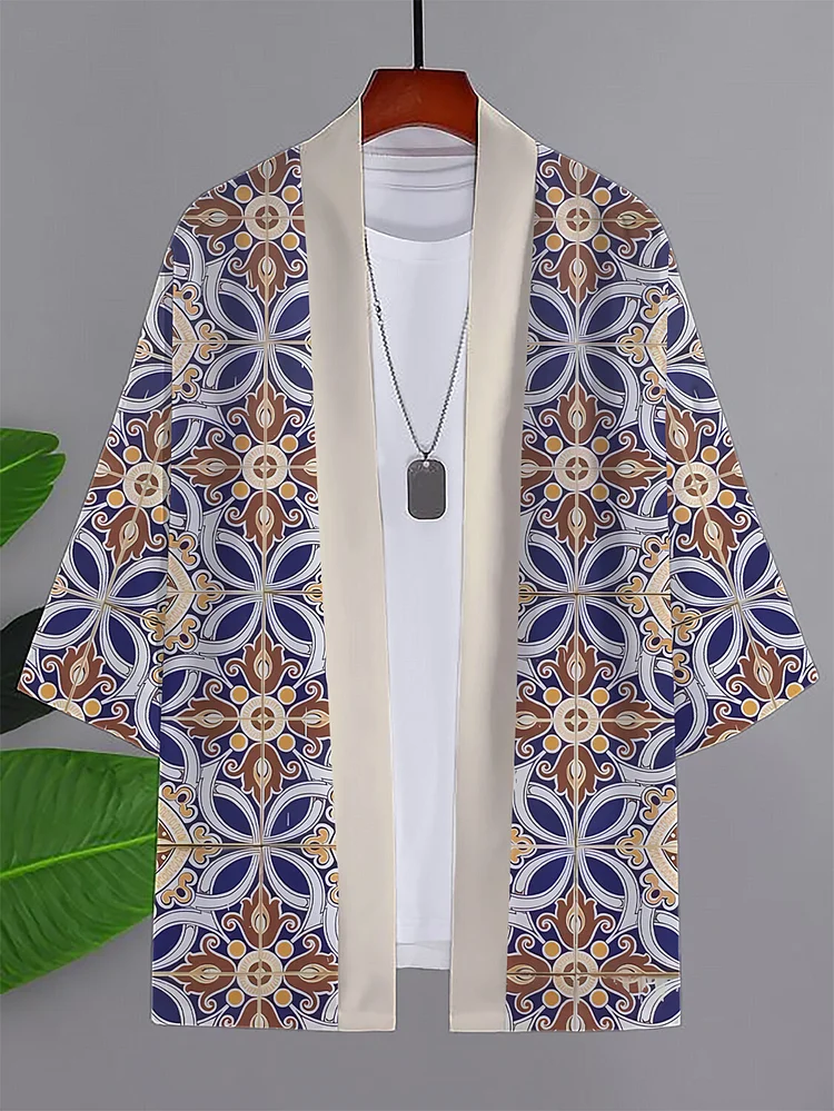 Men's Retro Traditional Geometric Pattern Print Casual Kimono Cardigan