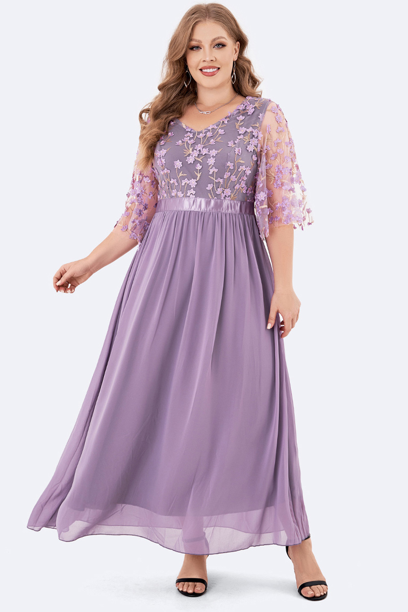 Flycurvy Plus Size Mother Of The Bride Purple Chiffon Sheer Stereo Petal Maxi Dress